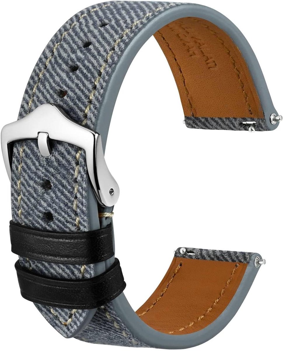 Horlogeband van Italiaans leer met denim-motief en roestvrijstalen gesp - 18 mm, 20 mm, 22 mm - Trendy accessoire voor horlogeliefhebbers van hoogwaardige kwaliteit.