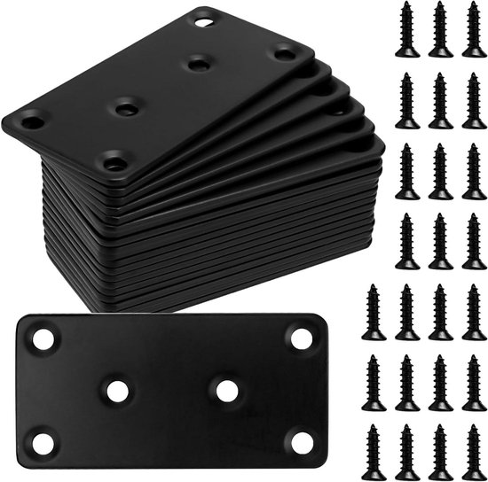 15x Zwarte Roestvrijstalen Platte Connectoren - 244x19x3 Mm - 8 Gaten - Incl. Schroeven - Voor Meubels, Hekken & Palen