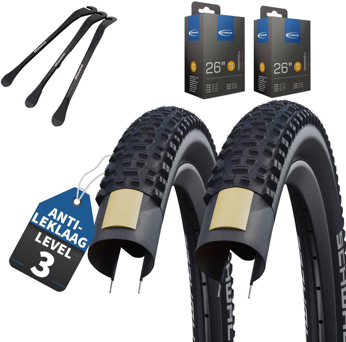 2-delige Set Schwalbe Fietsbanden Rapid Rob van 29 inch x 2,10 (54-622) buitenband + Hollands/Dunlop ventiel binnenband en 3 metalen MSZweirad bandenlichters voor eenvoudige wisseling van banden