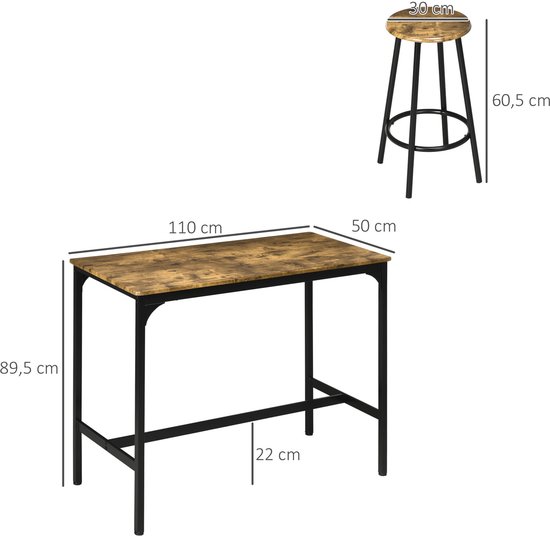 Industrieel ontworpen 3-delige bartafel-set met barkrukken, in rustiek