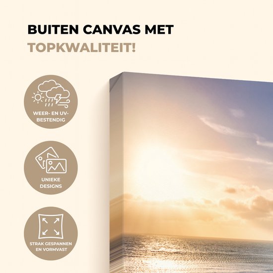 Buitencanvas met de tekst 'BUITEN CANVAS MET TOPKWALITEIT!' en iconen voor weerbestendigheid en unieke ontwerpen.