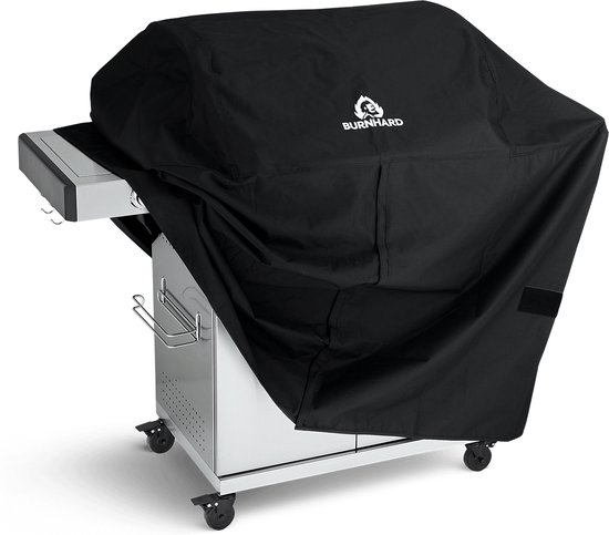 Zwarte beschermhoes met Burnhard logo over een gasbarbecue.