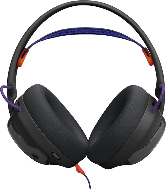 Zwarte over-ear gaming headset met een paarse band en oranje details. Grote zwarte oorschelpen met een hexagon patroon.