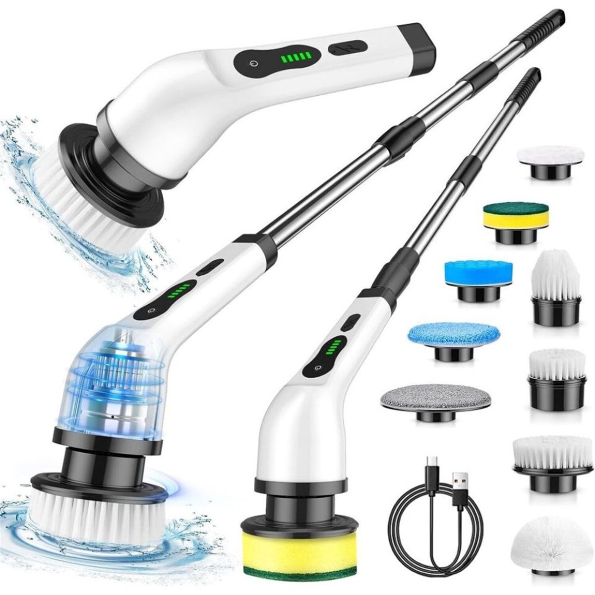 Elektrische Draadloze Spin-Schrubber – Schoonmaakborstel met 9 Opzetborstels, Uitschuifbare Steel (32,5–135,5 cm), IPX7 Waterdicht, 50 min Accuduur – Badkamer & Keuken
