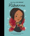 Boekomslag van Little People, BIG DREAMS: Rihanna. Een getekend portret van Rihanna met een rode boa en microfoon.