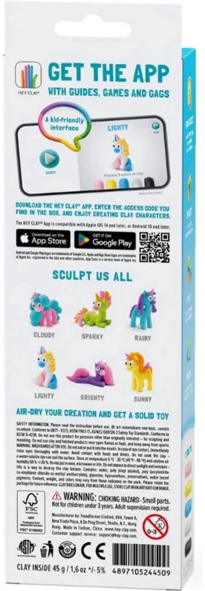 Hey Clay - Eenhoorn - Rainbow unicorn lighty - 3 potjes - boetseerklei - klei