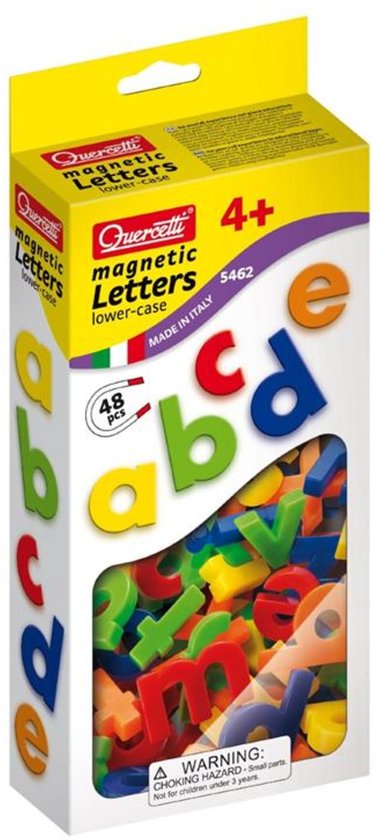 Doos met magnetische kleine letters, 48 stuks, met letters a, b, c, d, e op de voorkant.