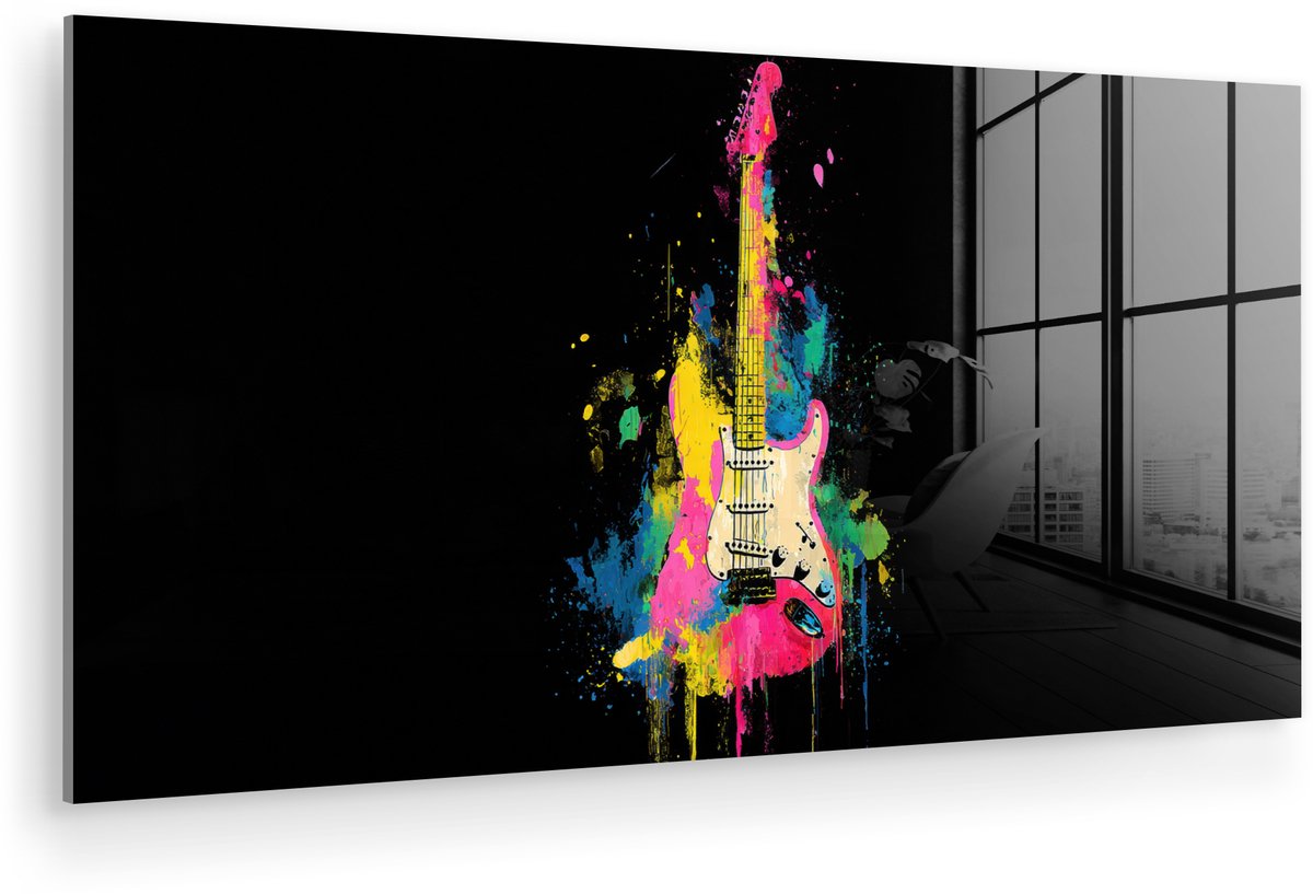 MuchoWow® Glasschilderij 80x40 cm - Schilderij acrylglas - Gitaar - Kleurrijk - Verf - Foto op glas - Muurdecoratie woonkamer - Wanddecoratie slaapkamer - Schilderijen