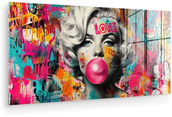 MuchoWow® Tableau sur verre 160x80 cm - Tableau acrylique sur verre - Femme - Chewing-gum - Graffiti - Couleurs néon - Photo sur verre - Décoration murale salon - Décoration murale chambre - Peintures