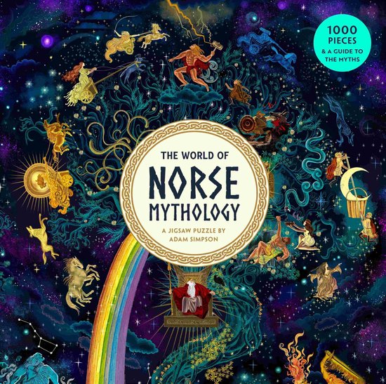 De puzzel 'The World of Norse Mythology' toont een levendige, kosmische boom met mythologische figuren, dieren en een regenboog. De tekst 'The World of Norse Mythology' en '1000 Pieces & A Guide to The Myths' is zichtbaar.