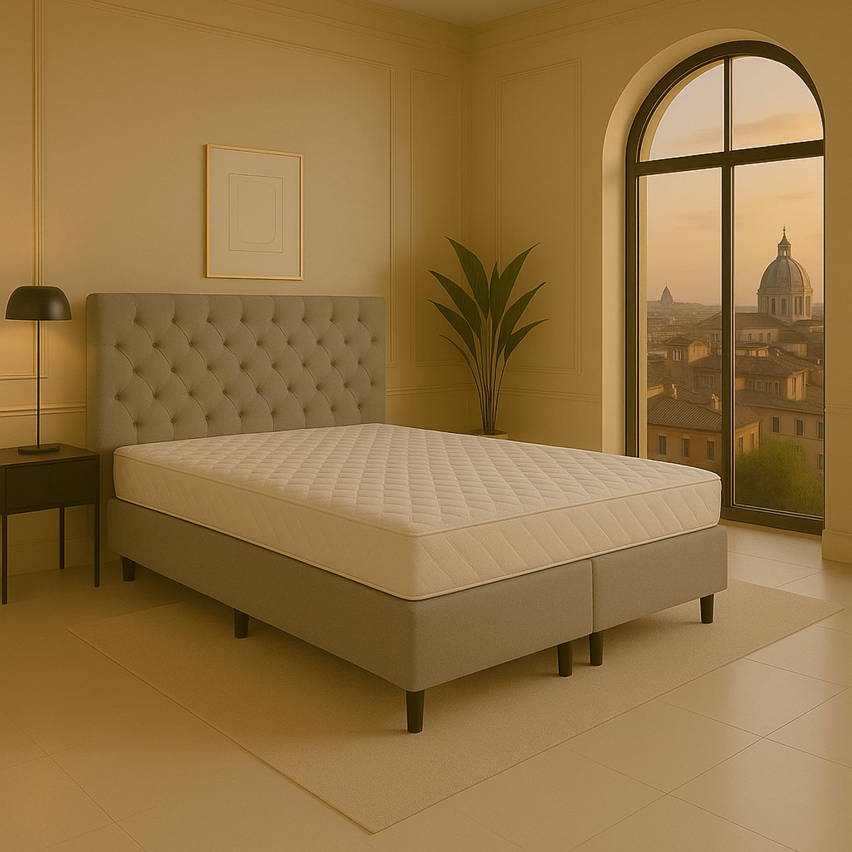 Boxspring vlak Roma 140x210 cm Luxe Pocketvering Stof grijs Gratis 2x Hoofdkussens