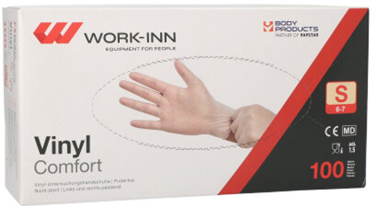 100 WORK-INN/PS Handschoenen Vinyl poedervrij Comfort transparant Maat: S