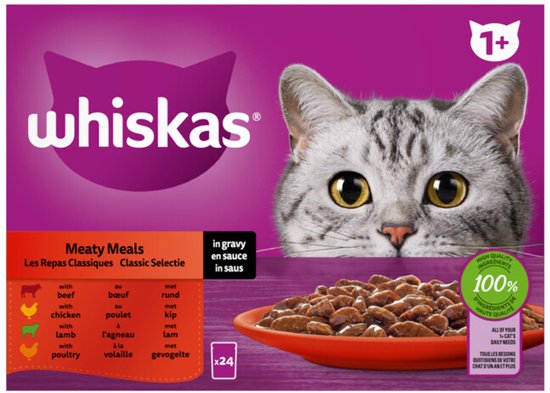 Whiskas 1+ Classic Selectie in Saus Maaltijdzakjes Multipack - 2 x 24 x 85 gr - Voordeelverpakking