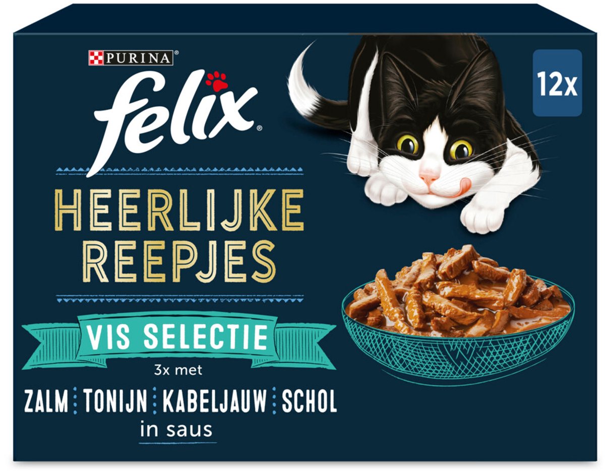 Felix Heerlijke Reepjes Vis Selectie met zalm, tonijn, kabeljauw, schol in saus natvoer kat 8 x (12 x 80 g)