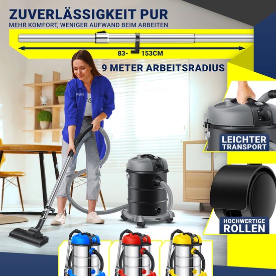 Vrouw met blauwe jas gebruikt een industriële stofzuiger met een telescoopsteel (83-153cm) en een werkradius van 9 meter.