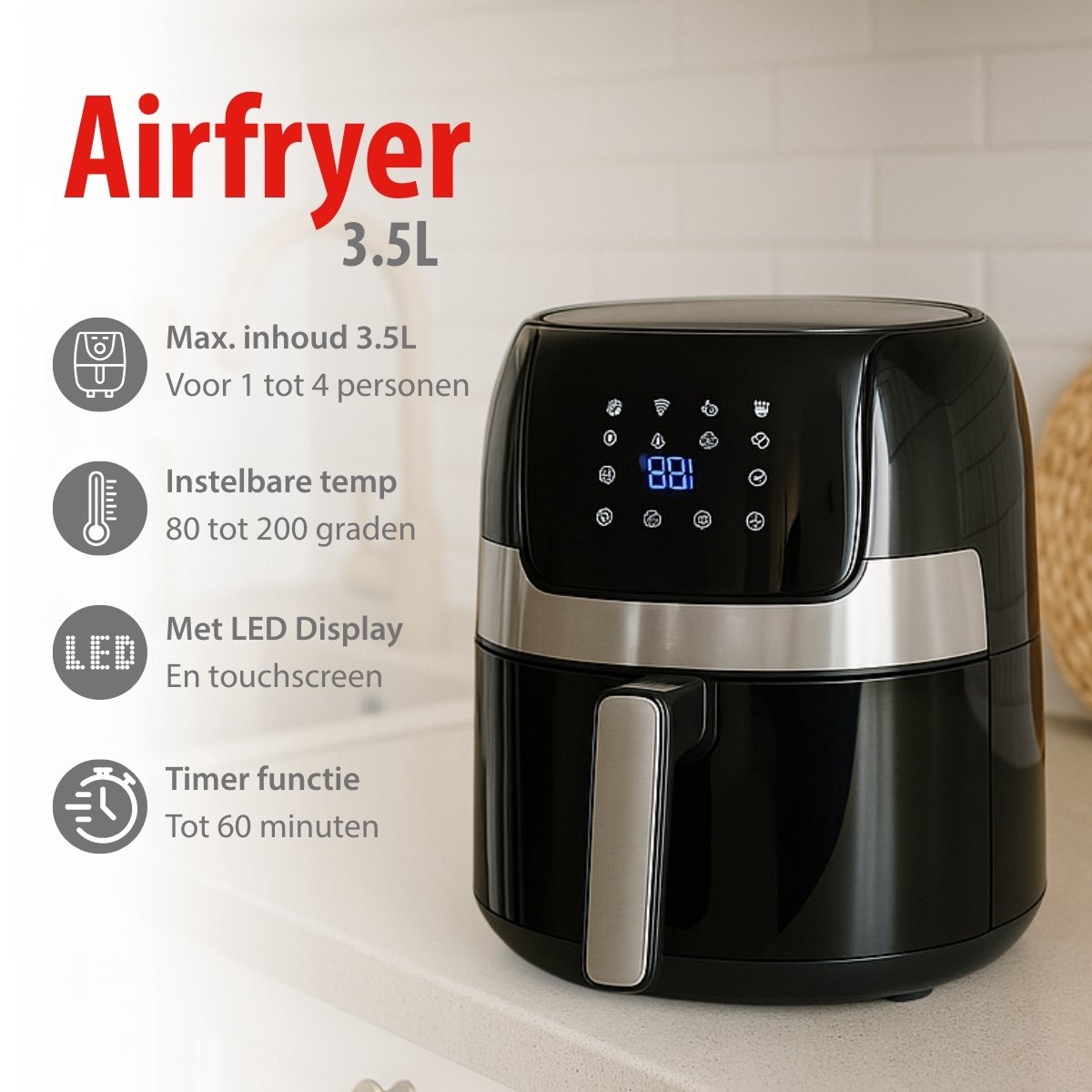 Afbeelding 2 van alpina Airfryer 4.5L- Heteluchtfriteuse voor 2 tot 4 Personen - Air Fryer met Instelbare Temperatuur van 80°C tot 200°C - Timer tot 60 Minuten - Hetelucht Friteuse 1400W - Zwart