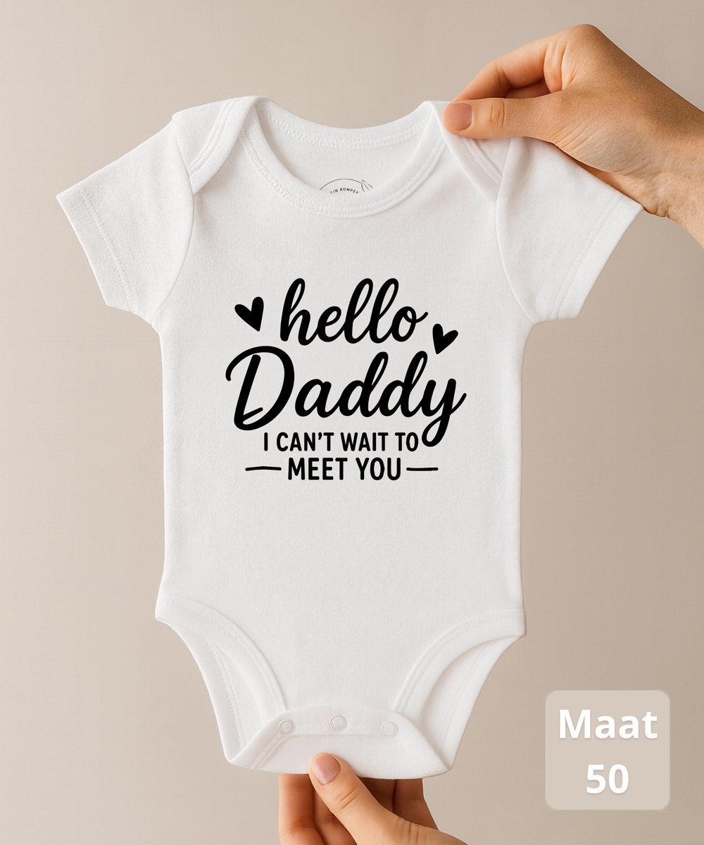 Ohana Advent® Hello Daddy I Can’t Wait to Meet You – Baby Romper met tekst – Newborn Maat 50 – 0-1 Maand – Rompertje Papa – Zwangerschapsaankondiging & Kraamcadeau – 100% Katoen – 260gsm Premium katoen