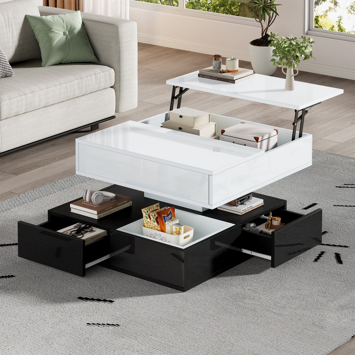 PHOEBE CAT Salontafel - 360° draaibaar tafelblad - 3 lades - Hoogglans - In hoogte verstelbaar - Wit + Zwart