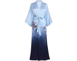 Prodesign Women's Maxi Dressing Gown Long Kimono Long Floral Bathrobe Floral Satin Elegant Sleepwear Blue One Size, Dark Blue