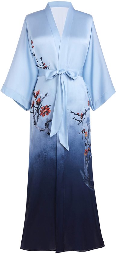 Prodesign Women's Maxi Dressing Gown Long Kimono Long Floral Bathrobe Floral Satin Elegant Sleepwear Blue One Size, Dark Blue