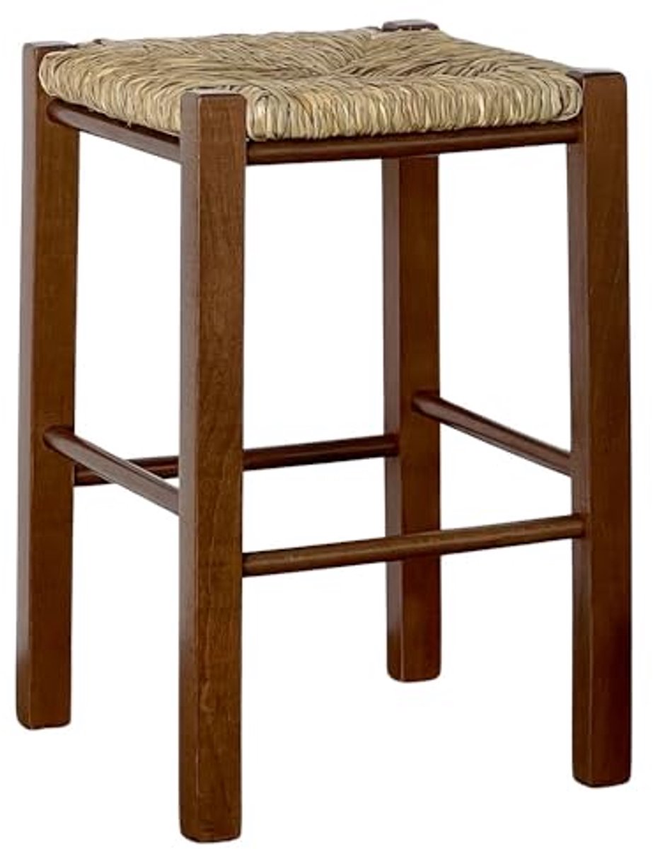 Houten Kruk met Stro Zitting, Hoogte 47 cm, Rechthoekige Poot