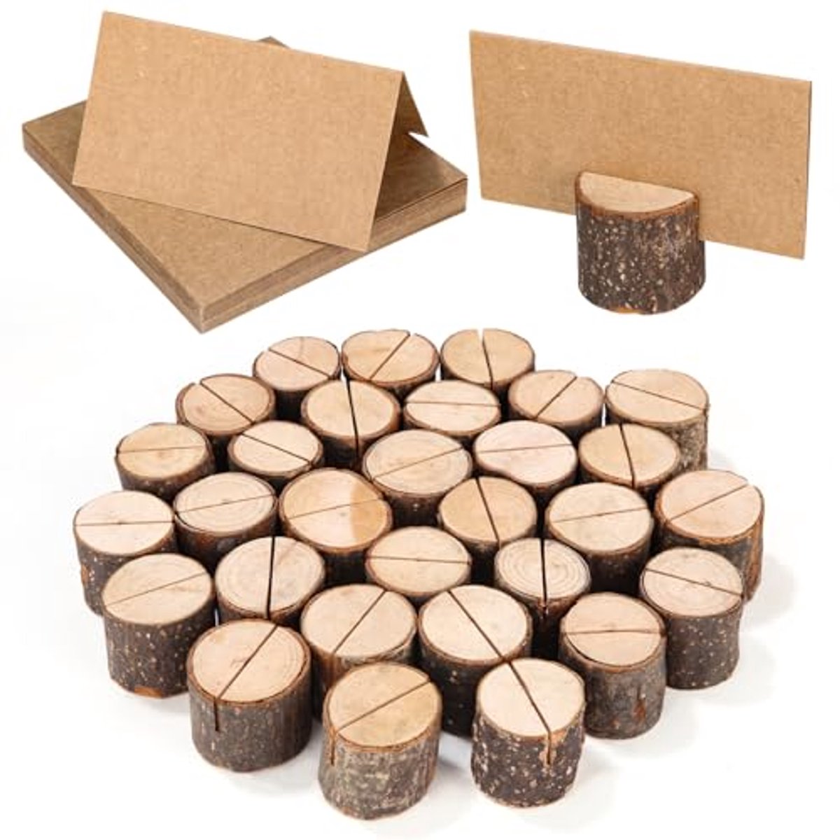 Houten Plaats Kaarthouders met Kraftpapier Kaarten - 30 Stuks voor Bruiloften, Kerstmis, Verjaardagen en Kantoor