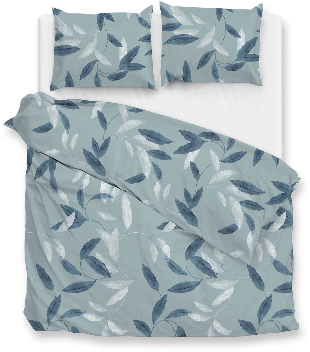 Zohome Astrid Dekbedovertrek - Blauw - Lits-jumeaux - Dekbedhoes van 100% Katoen-Flanel - Bladeren - 240x220 + 2 slopen 60/70 cm - AW25