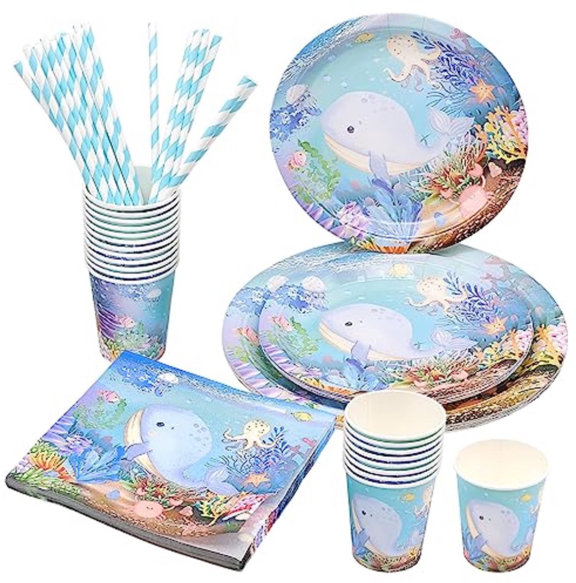 Blauwe Walvis Feestservies set - 80 stuks papieren servies voor Babyshower en Bruiloft