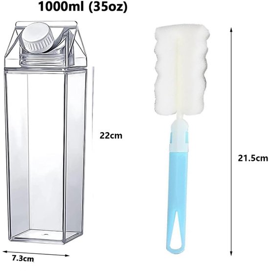 Pack of 2 transparante melkdozen - waterfles - herbruikbare melkcarton met bekertje en borstel - voor het opslaan van drankjes - picknicks - kamperen - melk - sinaasappelsap - bier in de koelkast - 1 liter — afbeelding 5