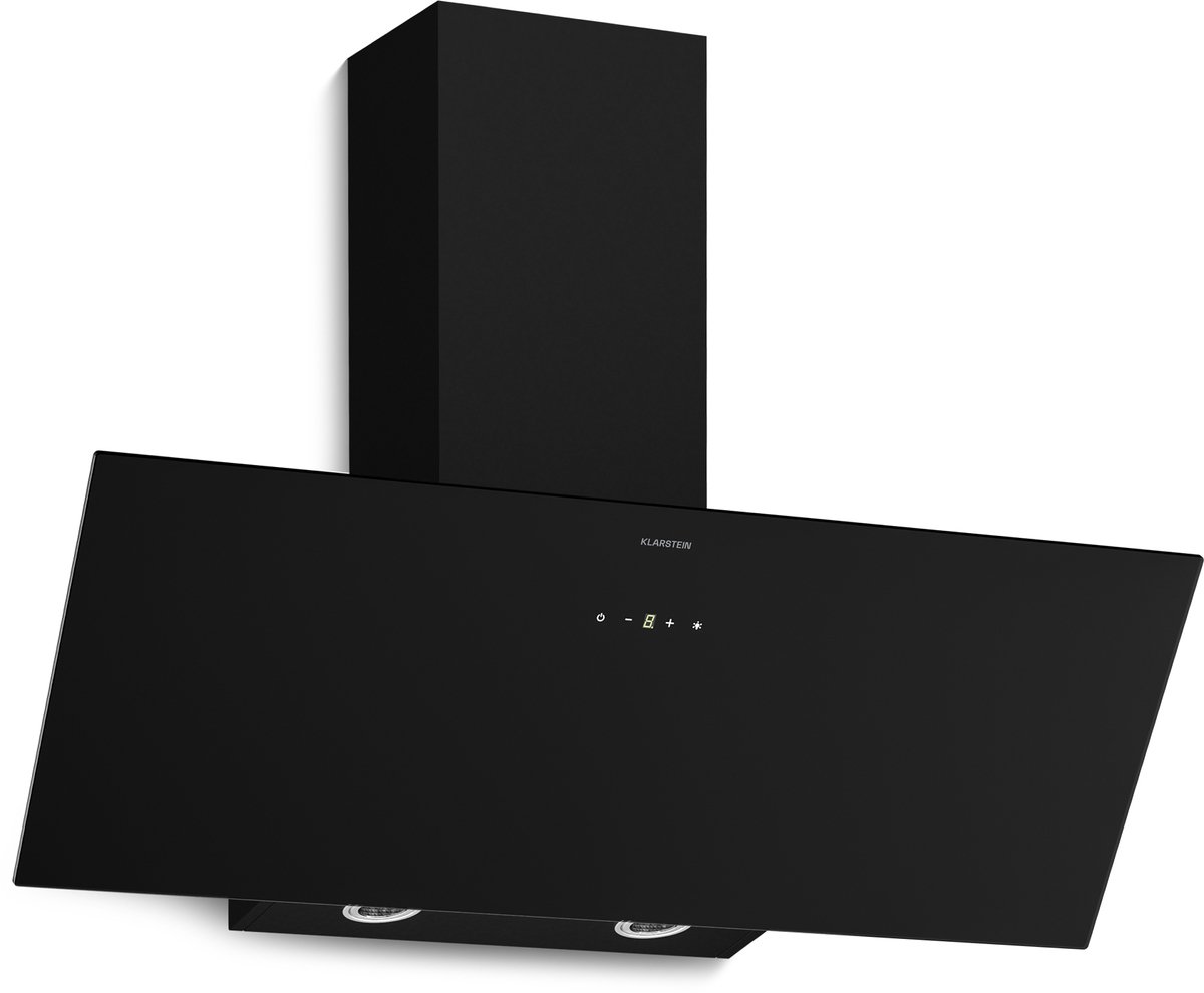 Klarstein Afzuigkap Laurel schuine 90 cm - glazen design, 417 m³/u luchtstroom, A+++ energie, ledverlichting, touchbediening, 3+booststanden, recirculatie en afzuiging, afzuigkap, zwart - 55W - voor Keuken - Dampkap - Wasemkap