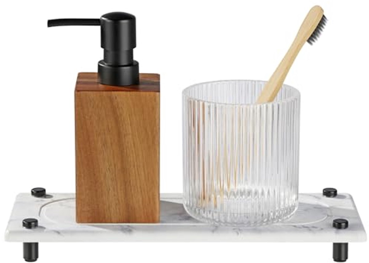 Diatomiet zeepdispenser badkamer organizer - Sneldrogend - Platform - Afvoersysteem - Keuken en badkamer - RVS voeten - Wit marmer