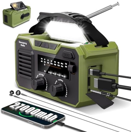 27000mAh DAB+/FM Noodradio Met Powerbank - Solar & Zwengel, Bluetooth 5.3, SOS, Zaklamp (Legergroen)