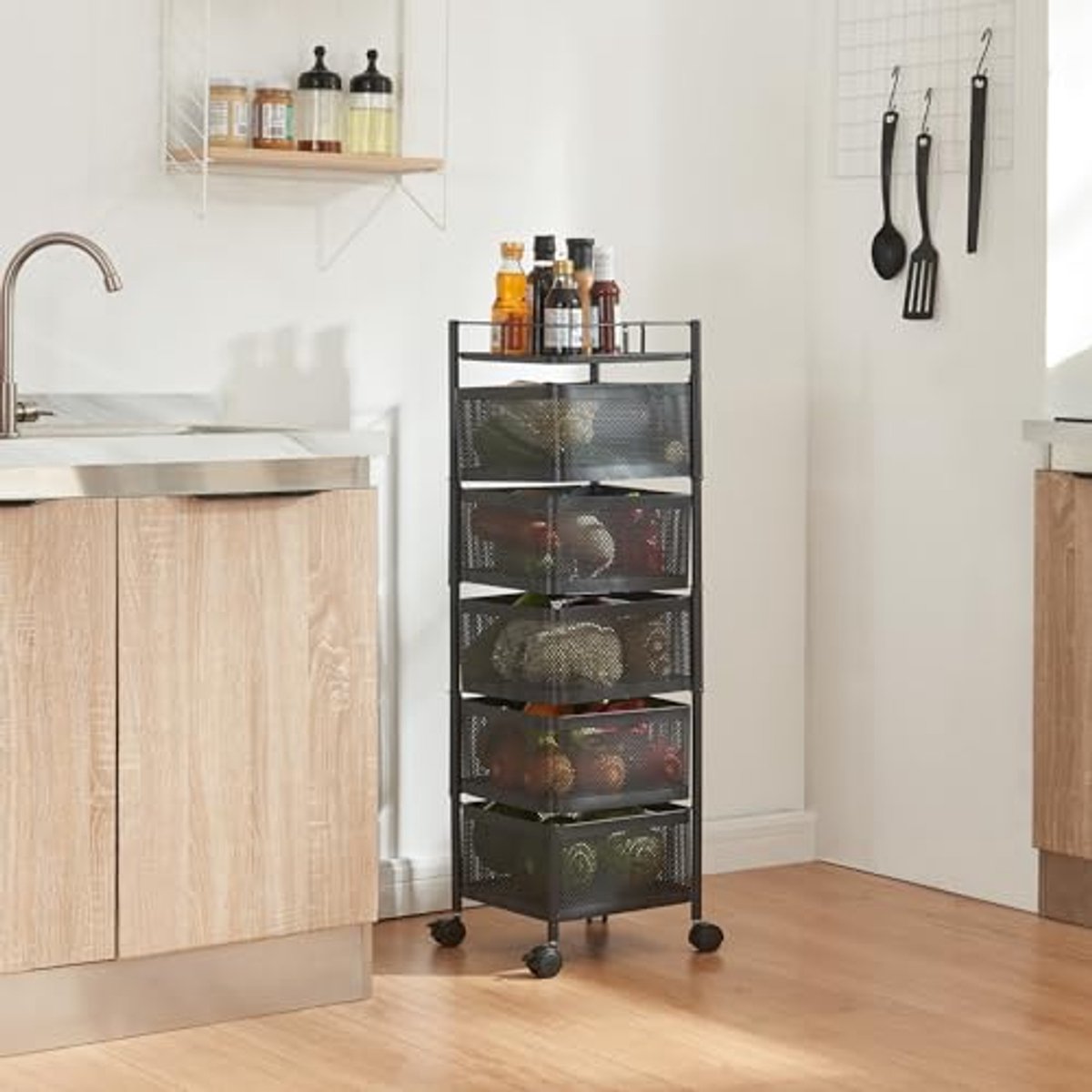 Keuk trolley met 5 manden - Stalen serveerwagen met wielen voor keuken en badkamer