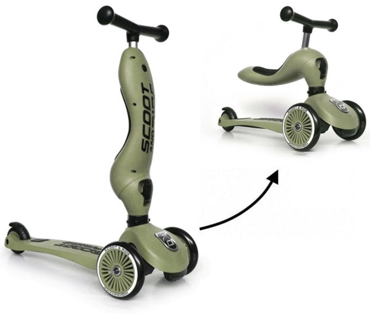 Scoot & Ride Highwaykick 1 – 2-in-1 Kinderstep – Loopfiets en Step in Één – Zonder Gereedschap Ombouwbaar – Veilig en Stabiel – Olijf — afbeelding 10