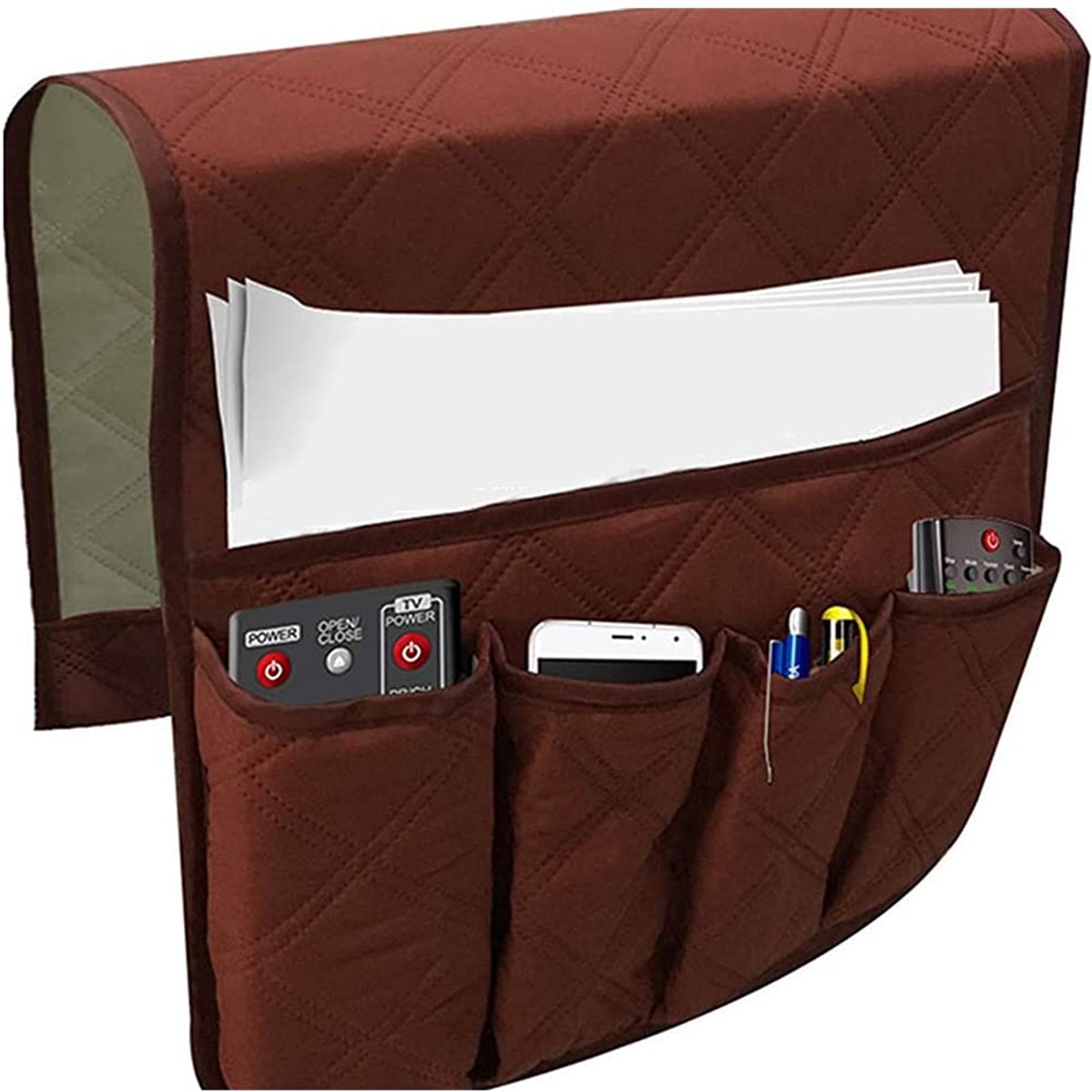 longziming -Sofa Armleuning Organizer – Bank Opbergvak met 5 Vakken & Antislip Bevestiging – Duurzaam Polyester 90×43 cm- Bruin