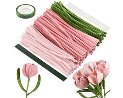 300 Stukken Pijpzuiger Bloemen - Pijpzuiger Bloem Boeket Knutselbenodigdheden - Tulp Boeket Pijpzuiger Bloem Set - Bloemen Stofblad voor Boeket DIY Trouwring Geschenk