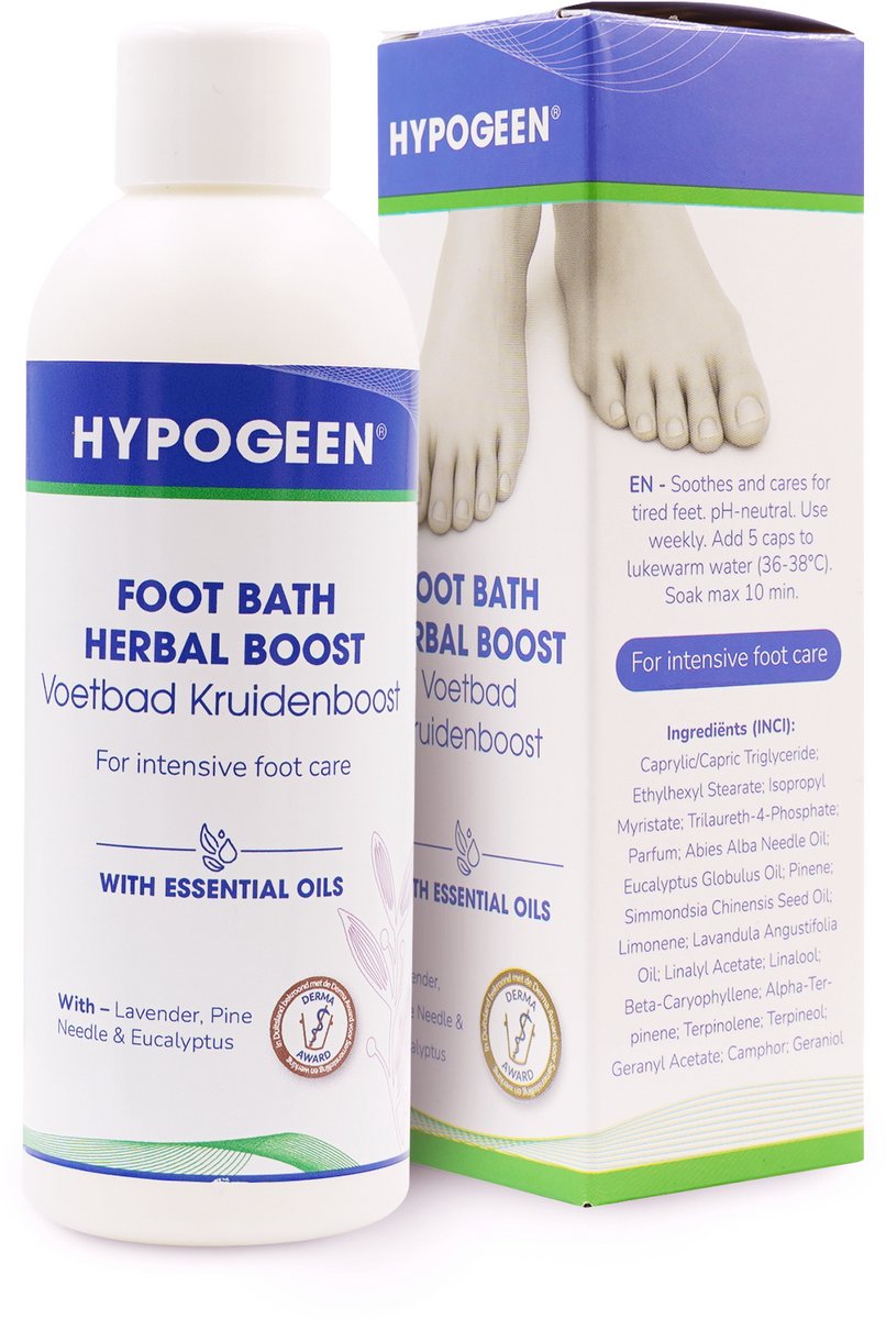 Hypogeen Voetbad Kruidenboost flesje 100ml - voor vermoeide voeten - ontspanning - voetbad met lavendel, dennennaald & eucalyptus - hypoallergeen - PH-neutraal - geschikt voor (over)gevoelige voeten