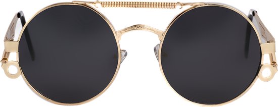 KIMU Steampunk Zonnebril Rond - Goud Montuur Kunststof - Zwarte Glazen - Zonnebril Bril Retro Heren Dames Cirkels Professor Sinterklaas Kado van KIMU — afbeelding 4