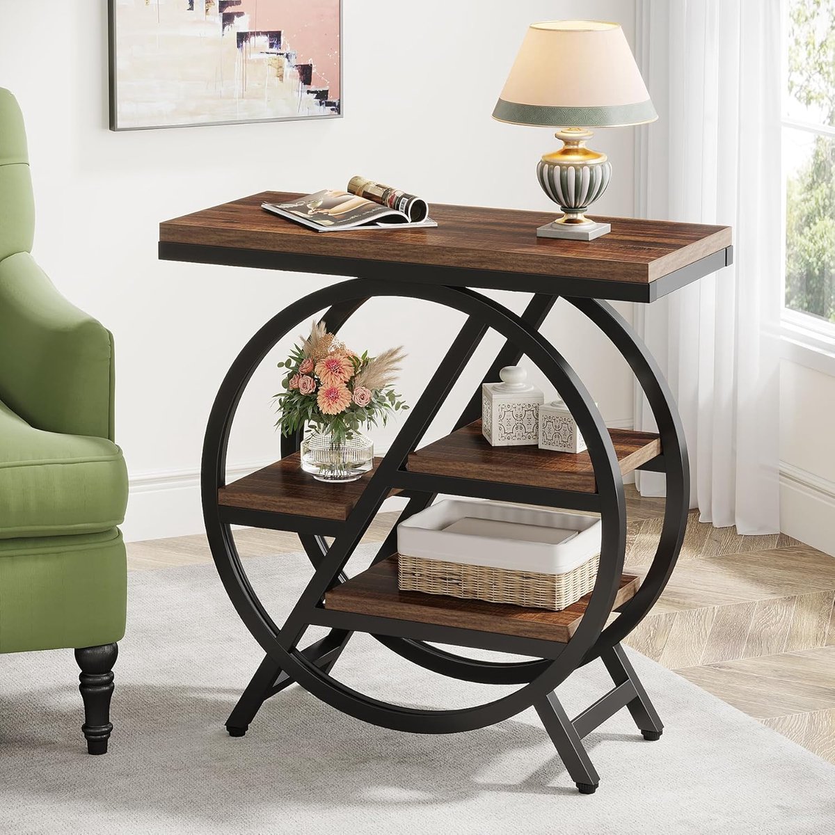 Smalle Bijzettafel met 3 Niveaus voor Woonkamer en Slaapkamer - Houten Tafel met Metalen Frame