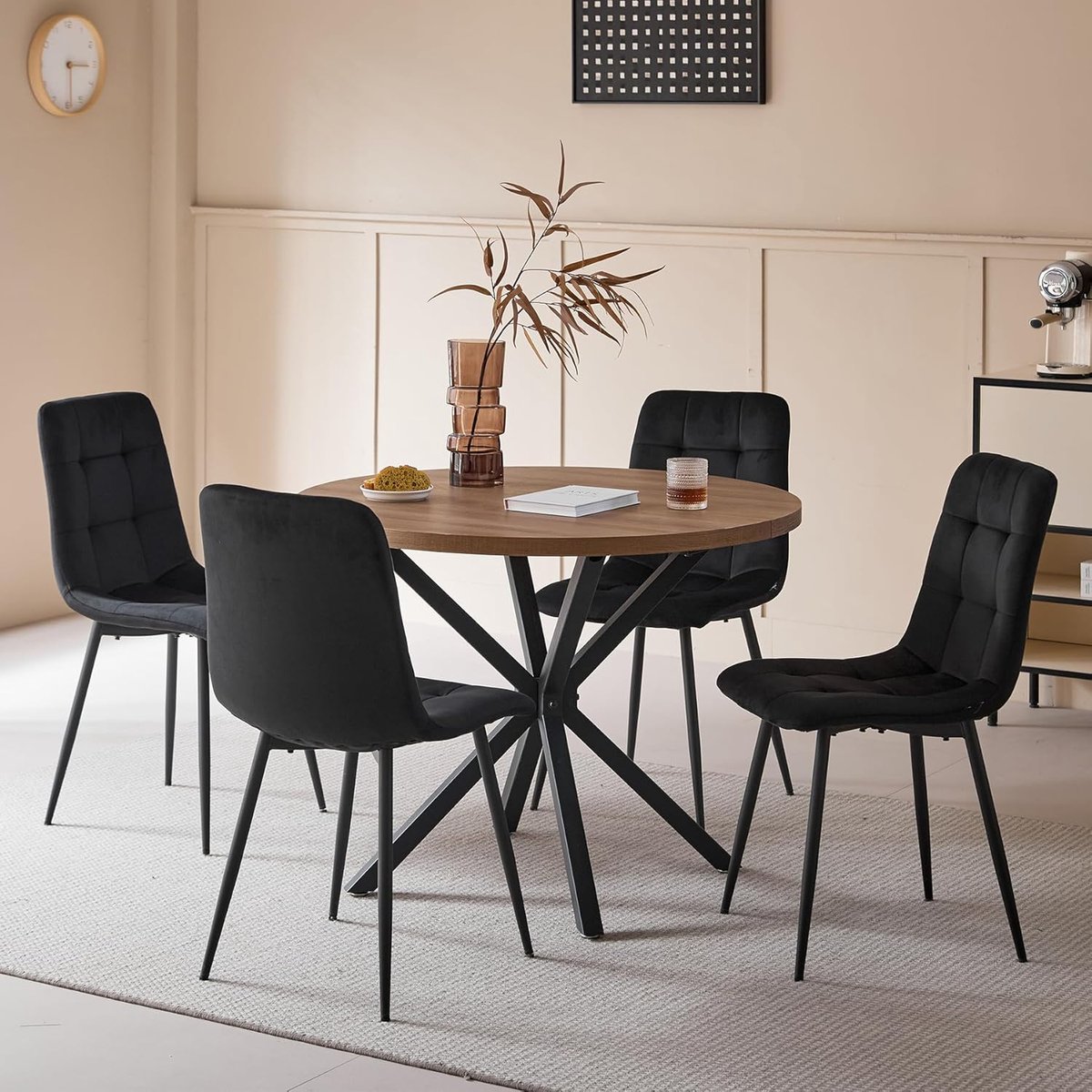 Ronde Eetkamerset met 4 Gevoerde Stoelen - 100 cm Eettafel voor Keuken, Woonkamer en Eetkamer