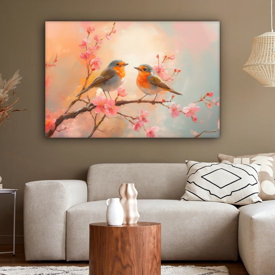 Tableau sur toile 120x80 cm - Décoration murale Rouge-gorges - Gracieux - Branche fleurie - Décoration murale salon - Décoration chambre - Accessoires chambre - Peintures sur toile