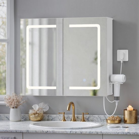 Xbro Badkamerkast met Touchscreen 3-kleurige LED Verlichting & Spiegel – Badkamerspiegelkast met EU Stekker – Voor Badkamer – 70 × 16 × 60 cm – Wit