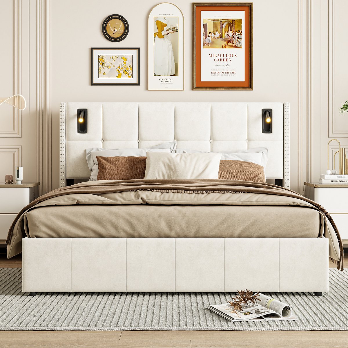 Opbergbed Luxe Beige Fluweel Boxspring met Opbergruimte en 2 - afbeelding 2