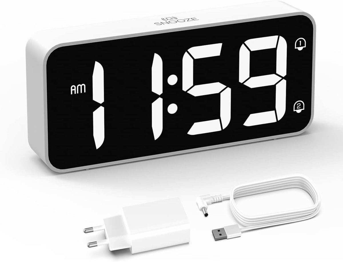 Digitale Wekker met Groot LED-Scherm, Instelbare Helderheid en USB Oplaadpoort