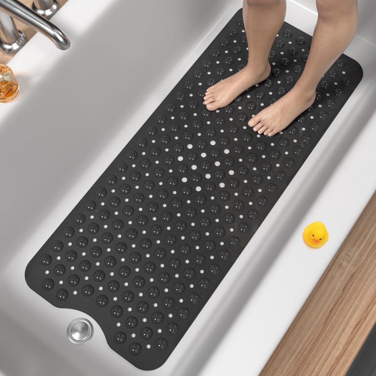 Antislip badmat, extra lange douchemat 100 x 40 cm, anti-schuim, machinewasbare badmat met rietje en ventilatiegaten, zachte voetjes, glad (zwart)