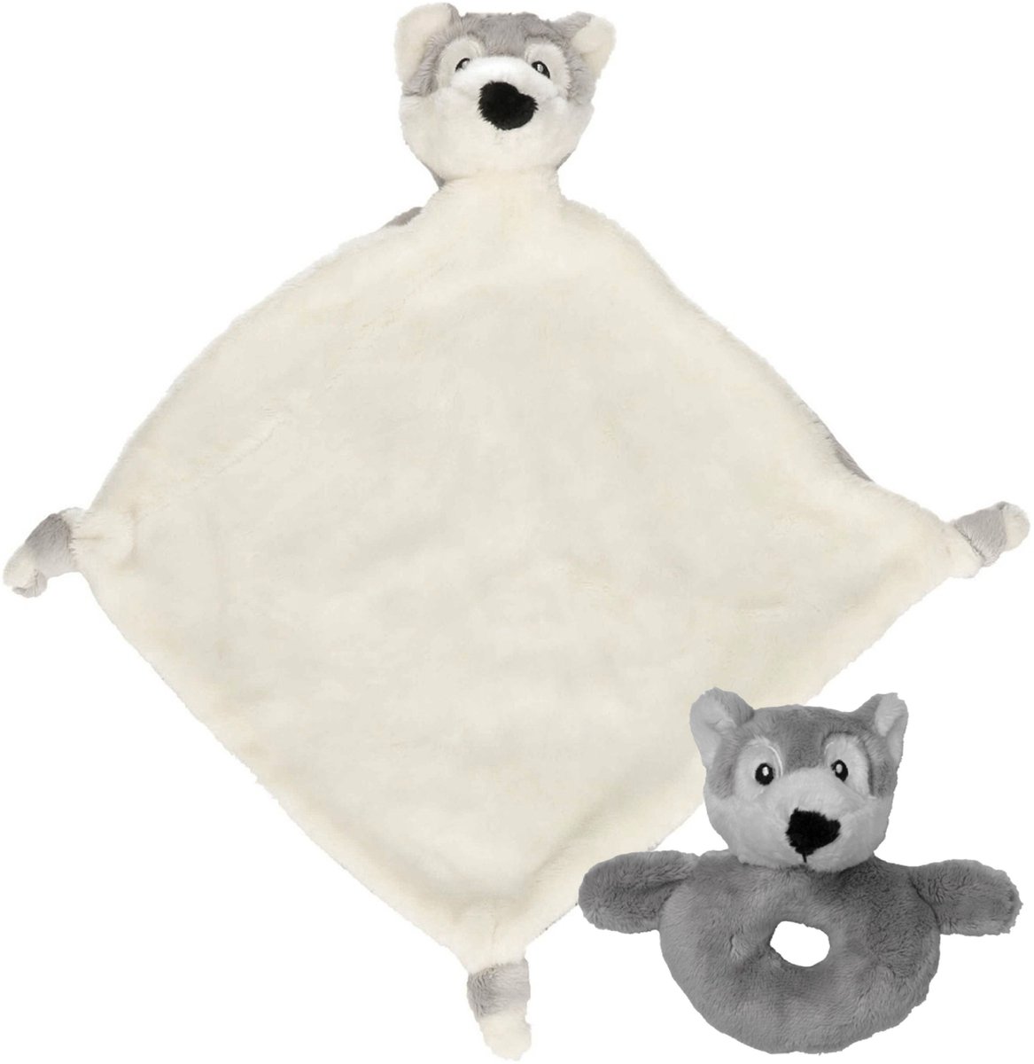 Nature Planet Pluche dieren setje wolf - knuffel rammelaar van 15 cm - en tutteldoekje 40 cm - Knuffels - cadeau - Wolven