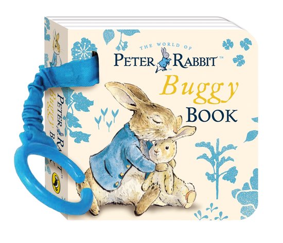 De Peter Rabbit Buggy Boek met Peter Rabbit en zijn broertje, met een blauwe lus en ring.