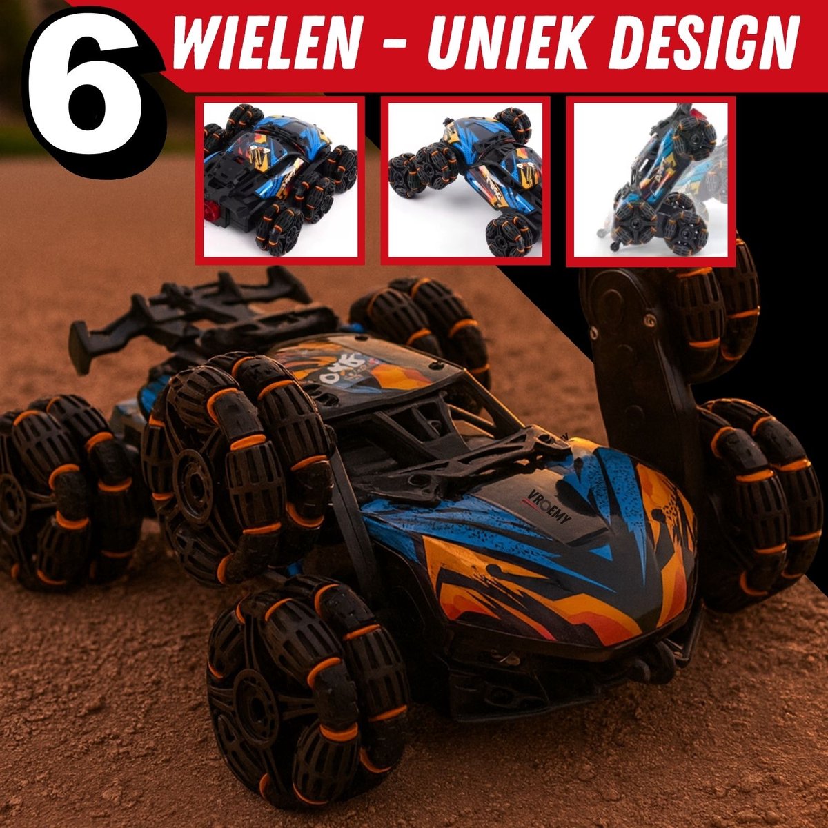VROEMY TurboTwister Bestuurbare Auto - Stuntauto 6 Wielen - Spray & LED — afbeelding 3