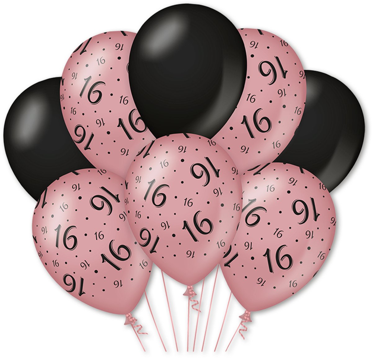 Q2P - 16 Jaar Ballon - Verjaardag Versiering - Rosegoud & Zwart - Helium Ballonnen - Feest Decoratie - Sweet Sixteen - 8 Stuks