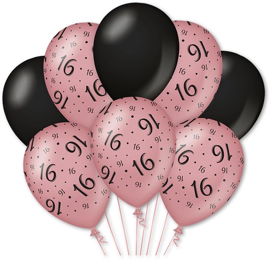 Een bos van zeven ballonnen, vier roze met '16' erop, drie zwart.